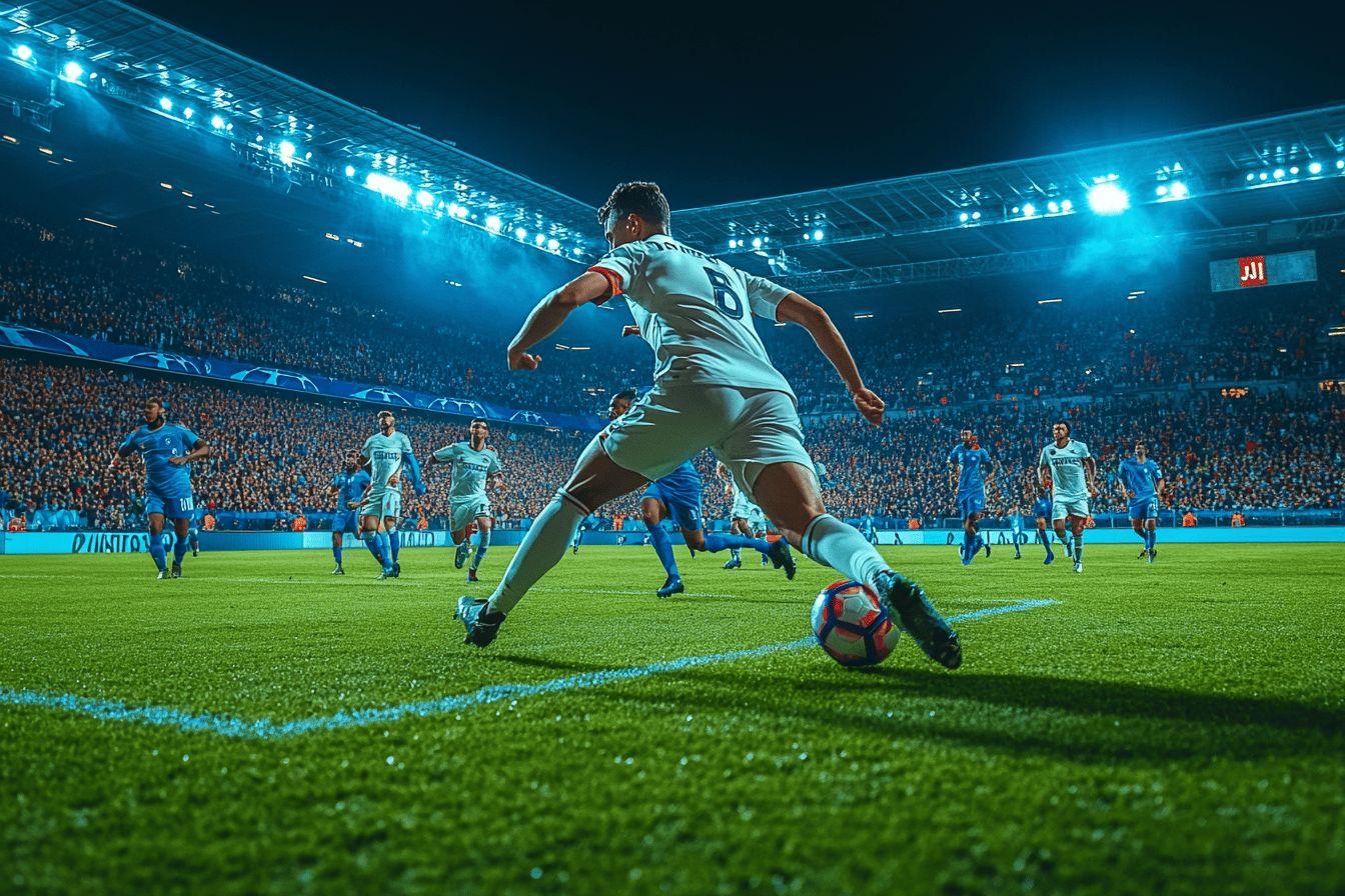 Joueur de football contrôlant le ballon dans un stade lumineux