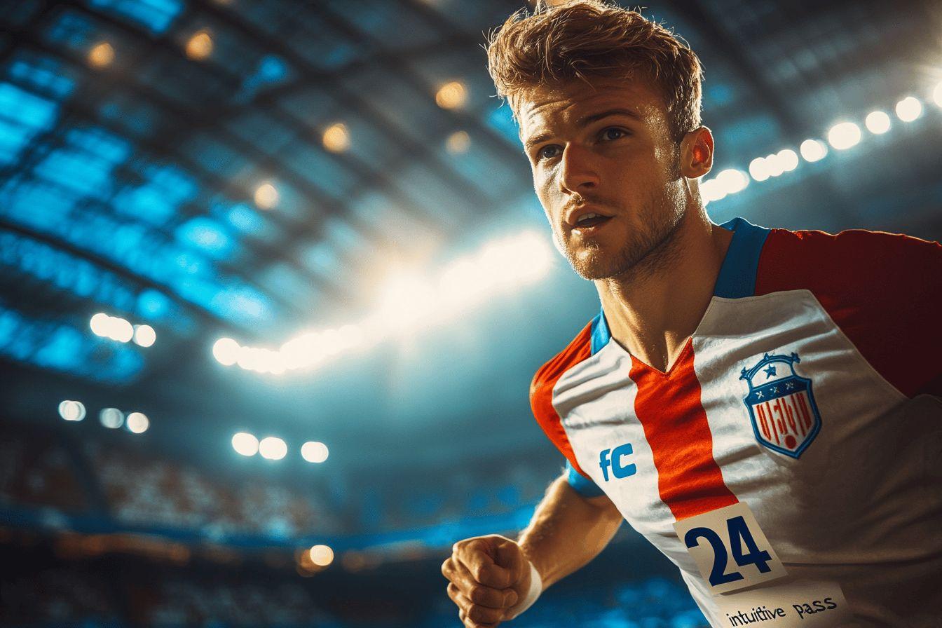 Sportif en maillot blanc et rouge dans un stade lumineux