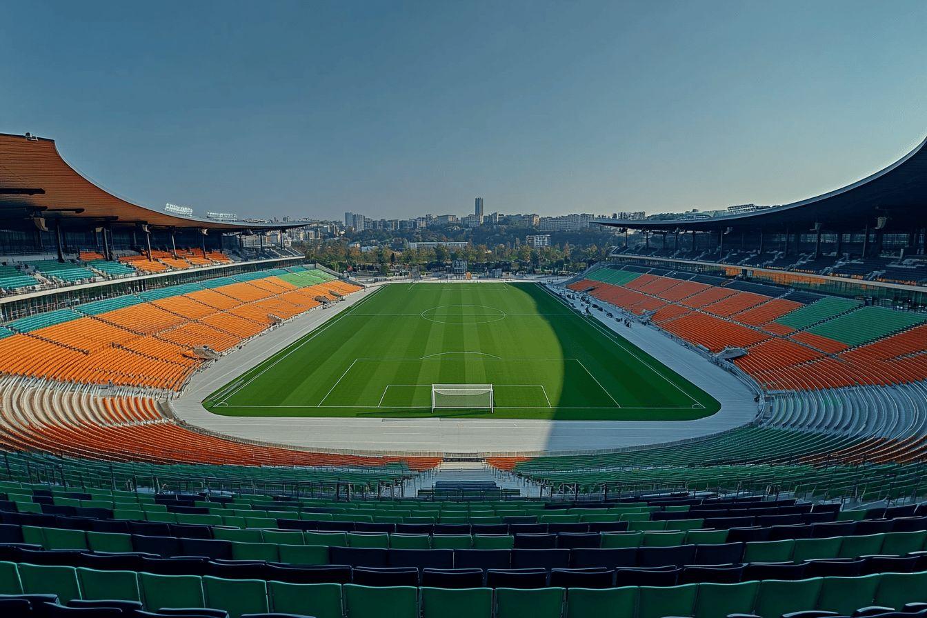 Grand stade vide avec terrain vert et sièges colorés