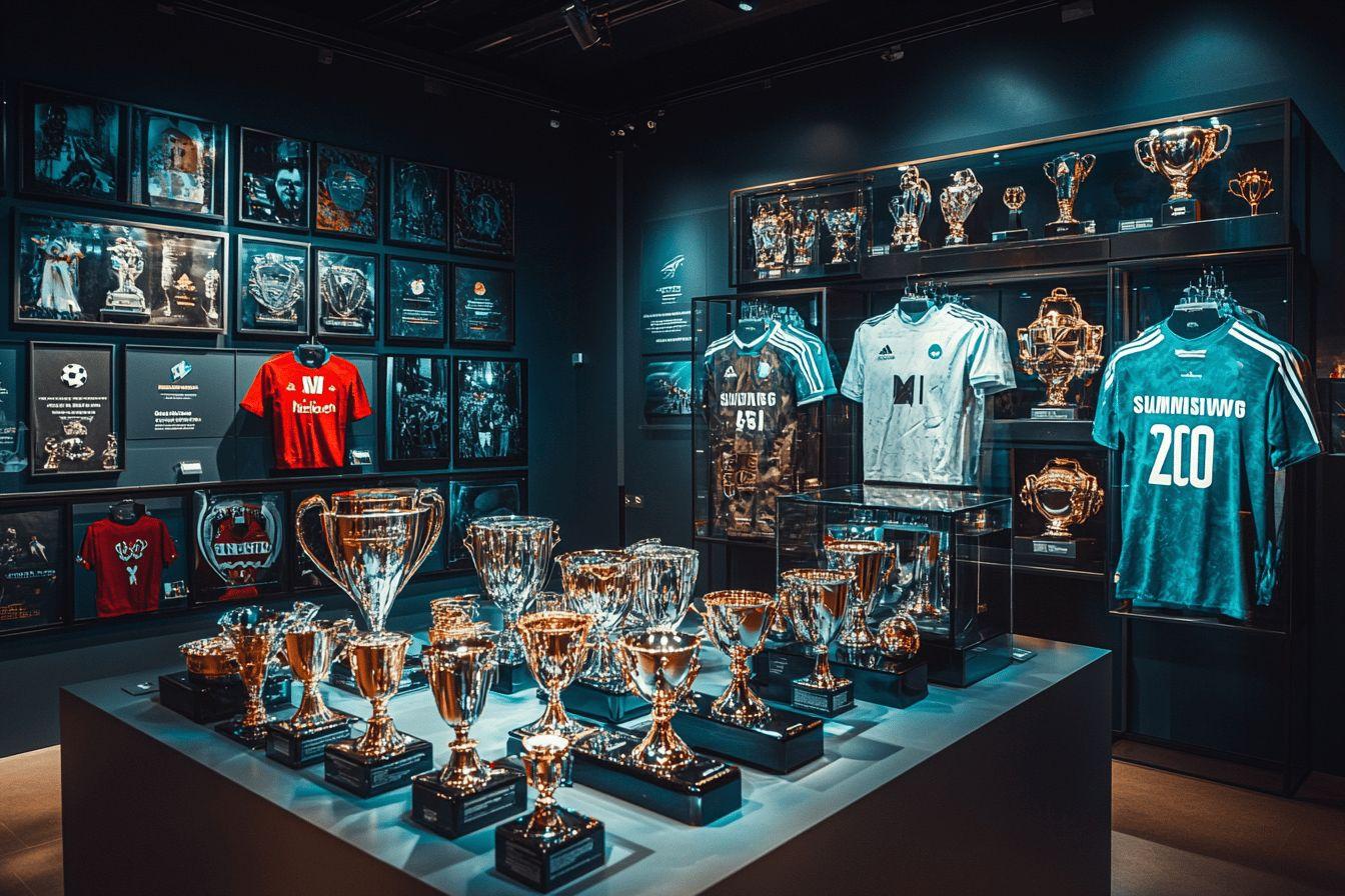 Salle de musée avec coupes et maillots de sport bleus et rouges