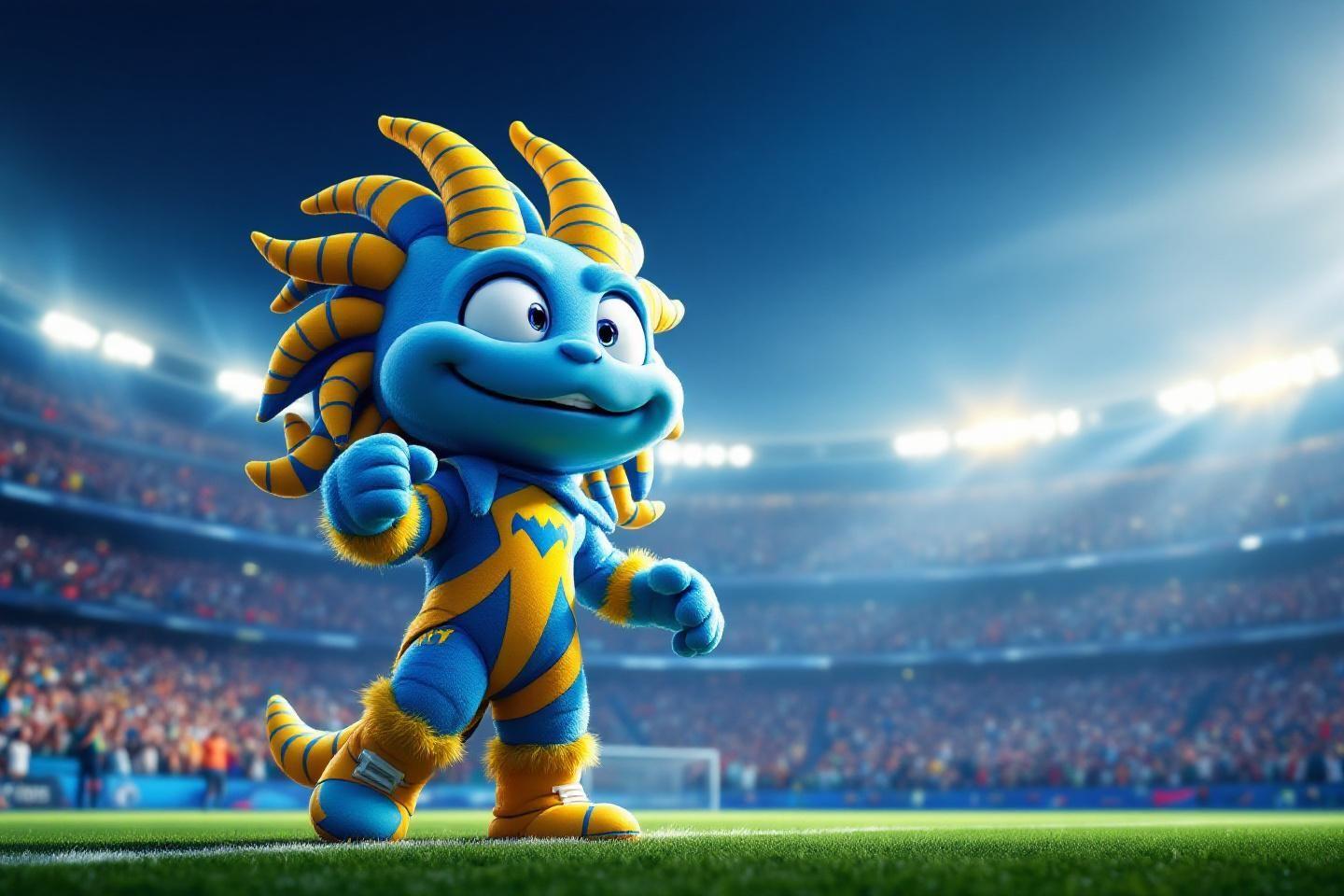 Personnage mignon de dessin animé sur un terrain de football