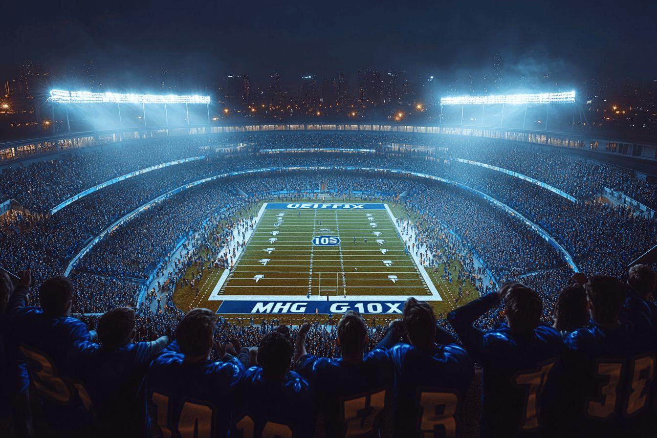 Vue panoramique d'un immense stade de football éclairé