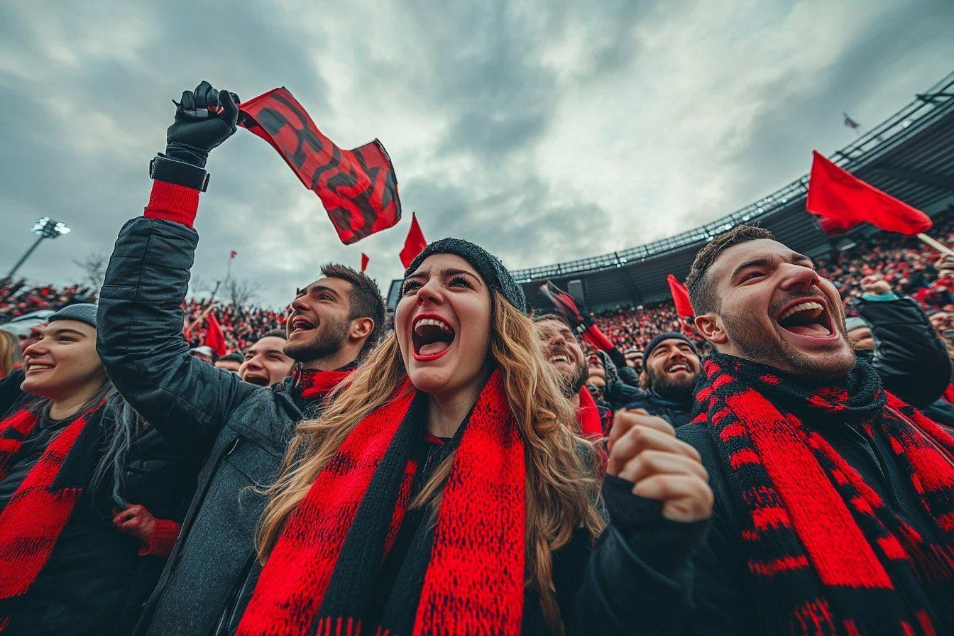 Fans enthousiastes agitant des drapeaux dans un stade