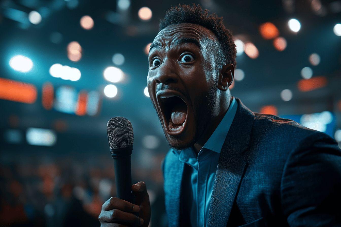 Homme en costume criant au micro avec passion