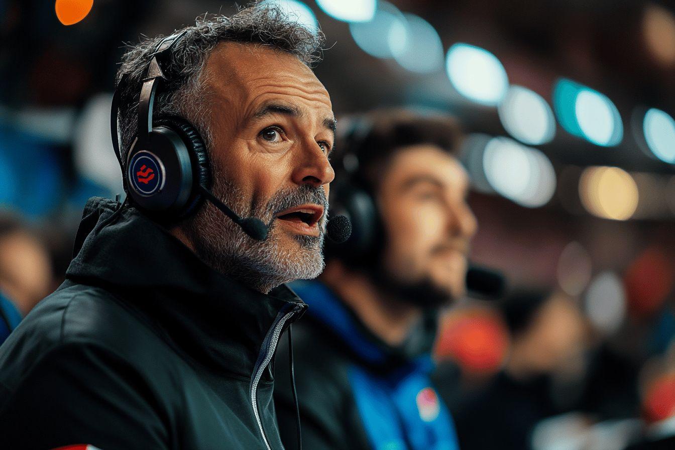 Homme âgé avec casque parlant dans un micro professionnel