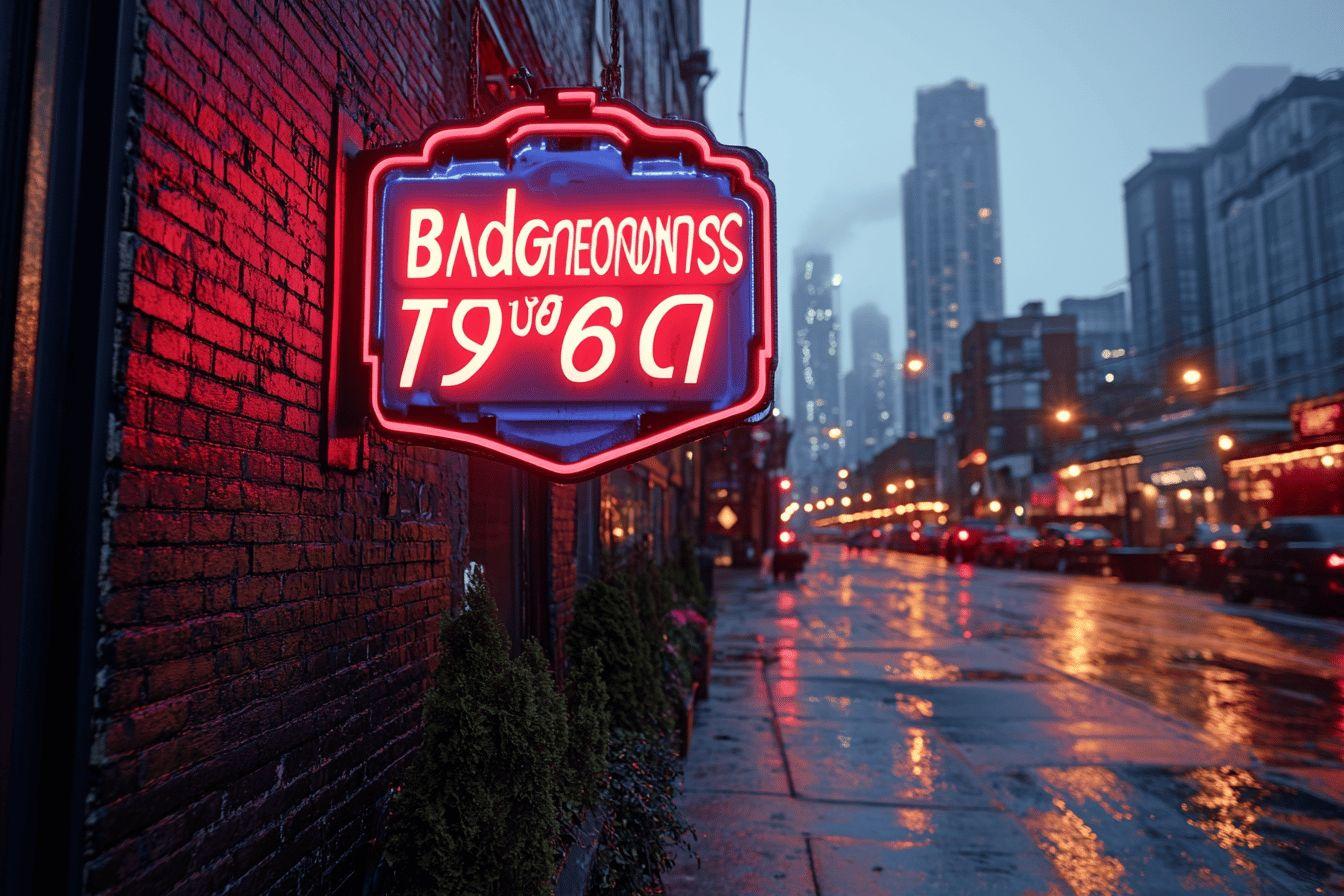 Enseigne lumineuse rouge sur mur de briques, rue urbaine nocturne