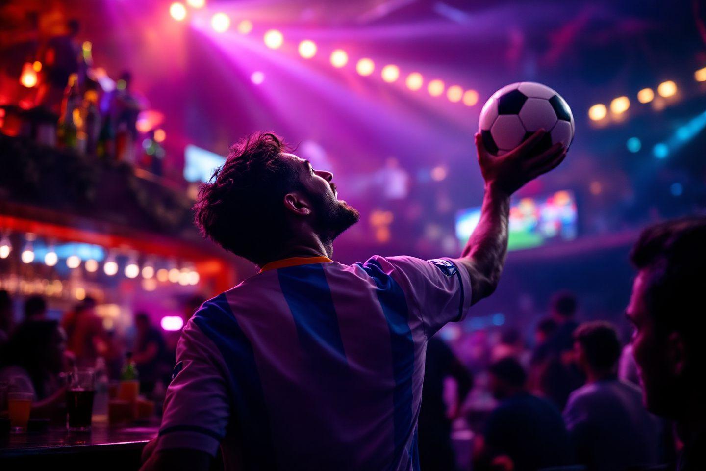 Joueur de foot brandissant un ballon dans un bar coloré