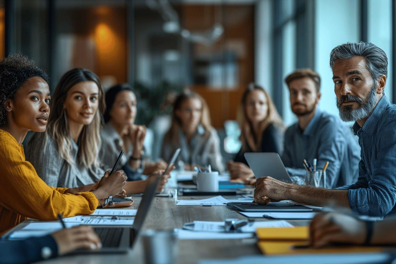 Groupe de professionnels autour d'une table de réunion avec ordinateurs