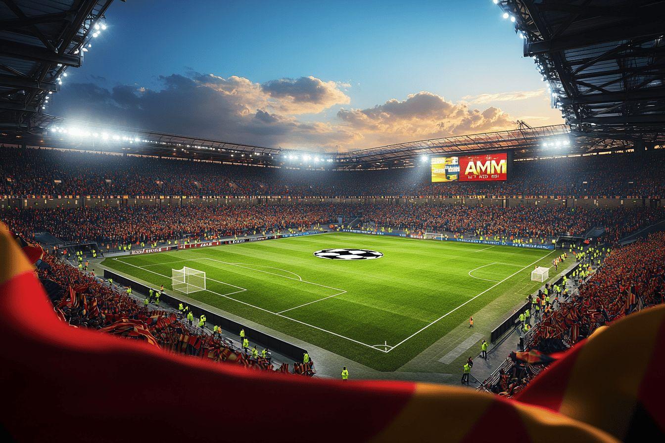 Terrain de football illuminé avec tribunes pleines de supporters