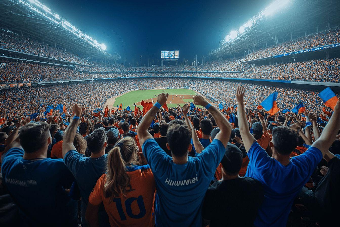 Foule en bleu et orange célébrant dans un grand stade