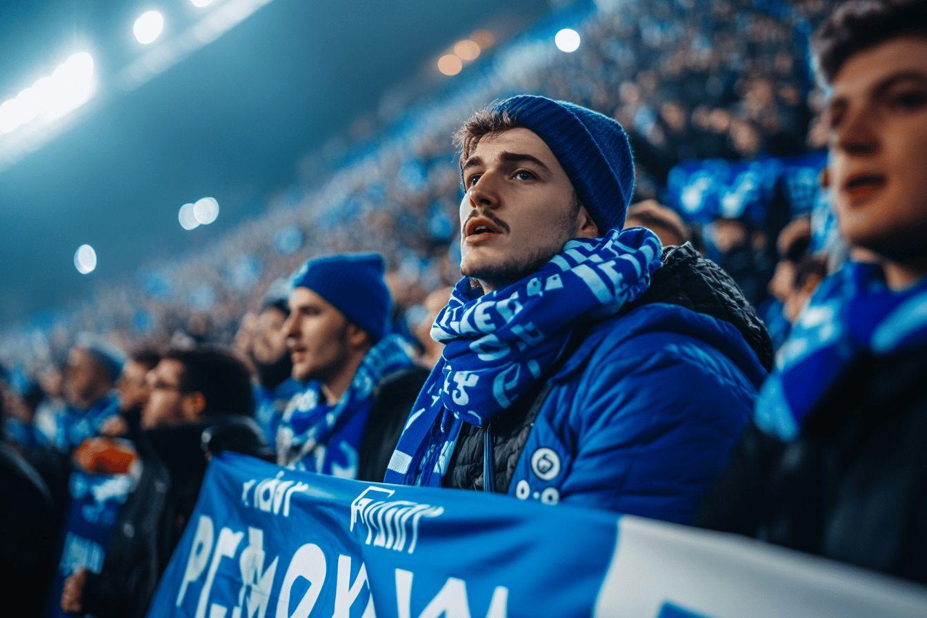 Supporter bleu concentré dans un stade bondé