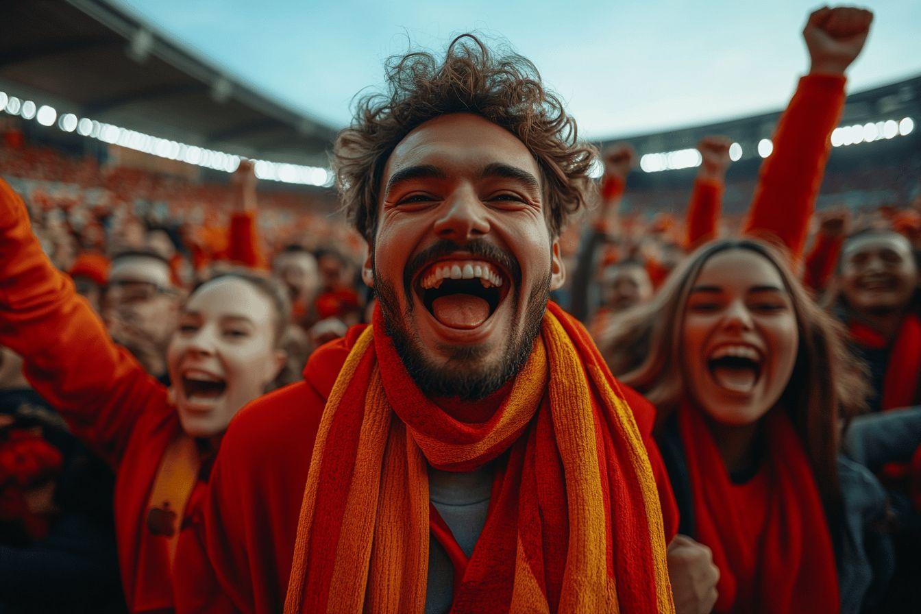 Fans en rouge célébrant avec passion dans un stade