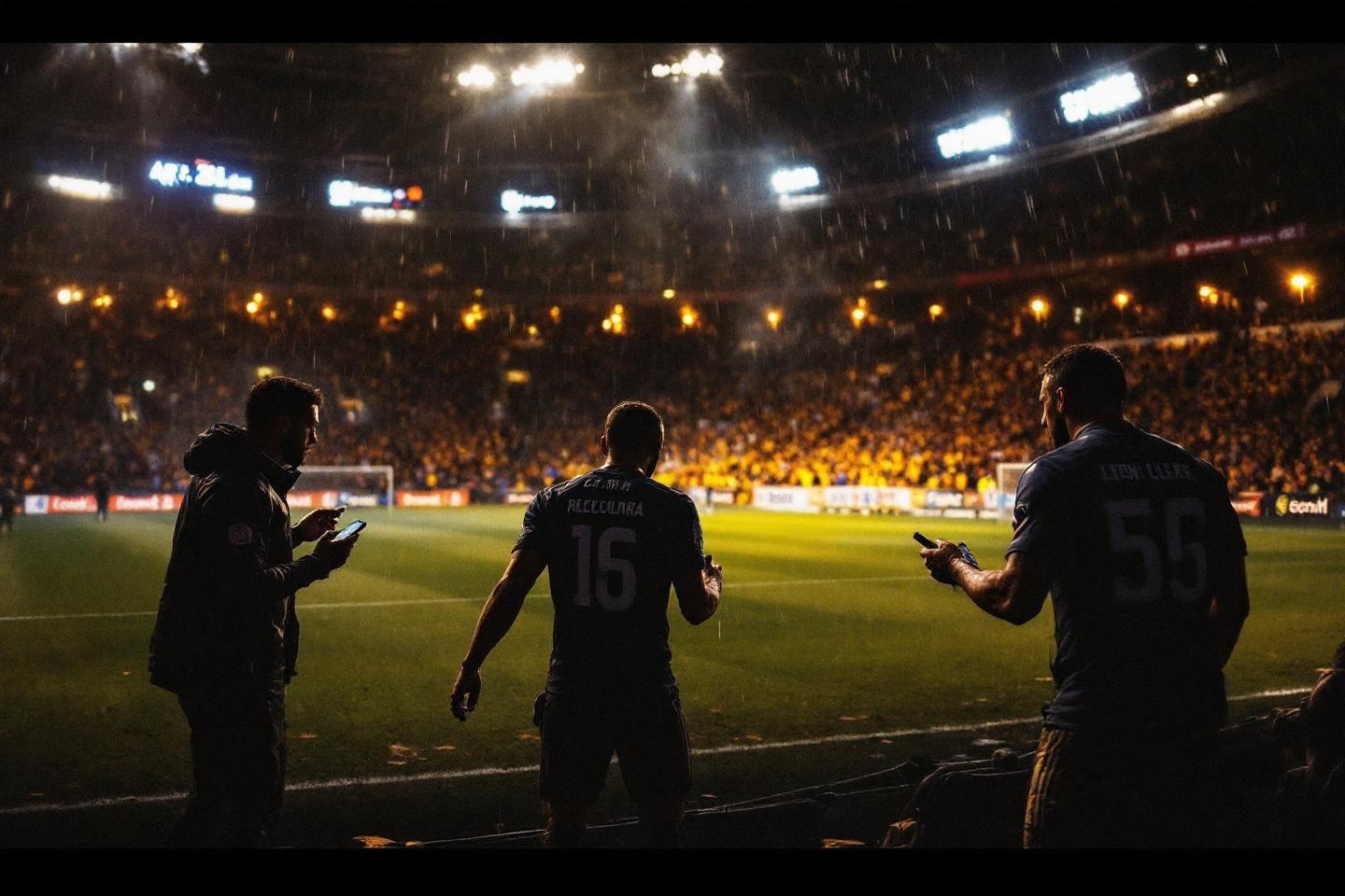 Trois joueurs de football au bord du terrain sous les projecteurs