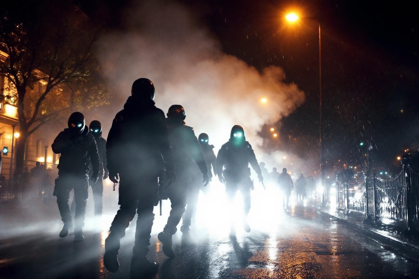 Silhouettes militaires avec yeux lumineux dans une brume urbaine