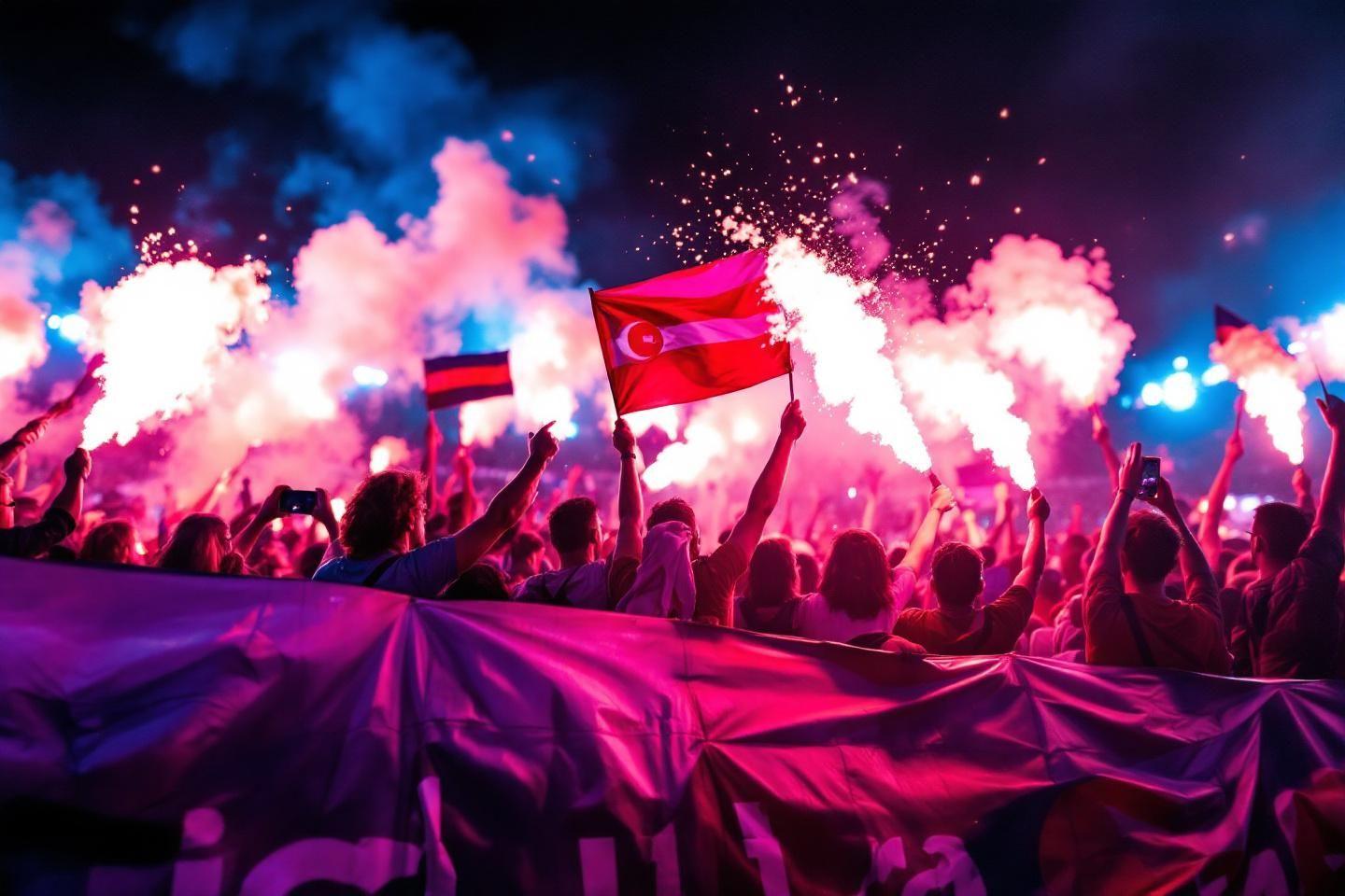 Foule agitant des drapeaux avec des fumigènes colorés