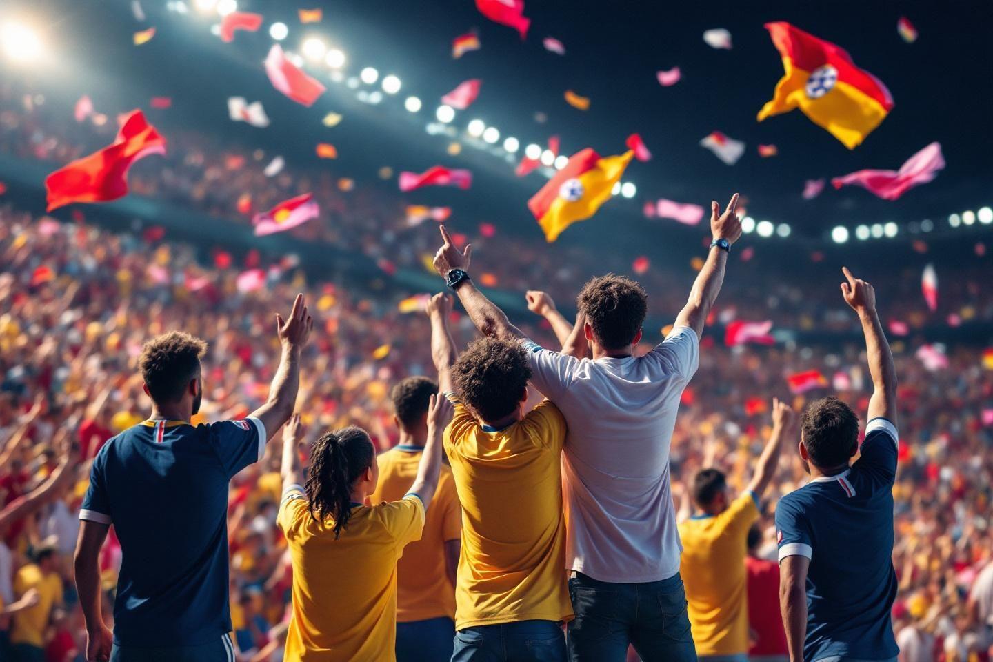 Foule en jaune et bleu célébrant avec des drapeaux