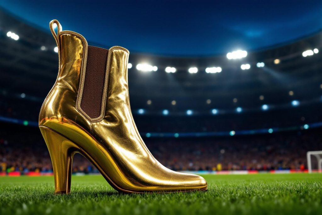 Chaussure à talon brillante or sur pelouse de stade