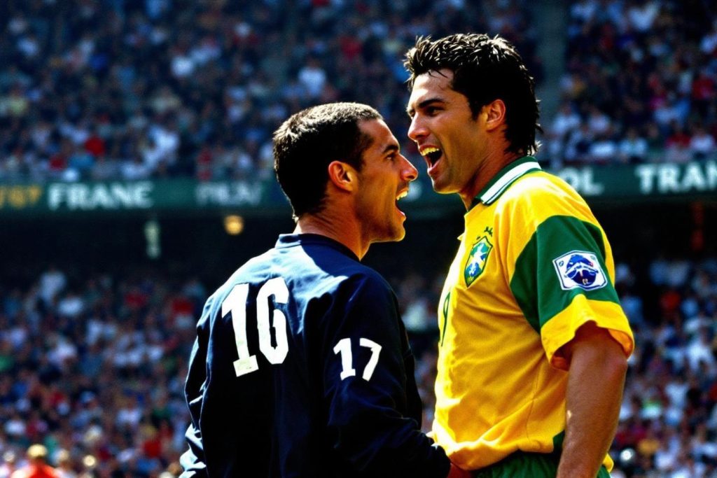 Deux footballeurs face à face, l'un en noir, l'autre en jaune