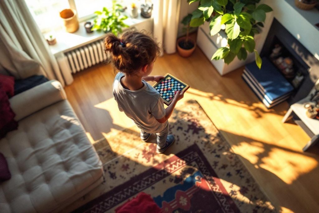 Petit enfant concentré sur un jeu d'échecs, lumière du jour