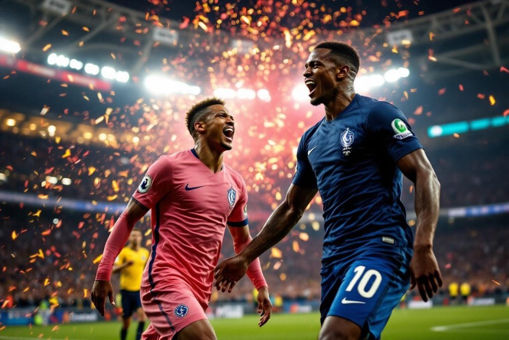 Deux joueurs célèbrent un but avec des confettis