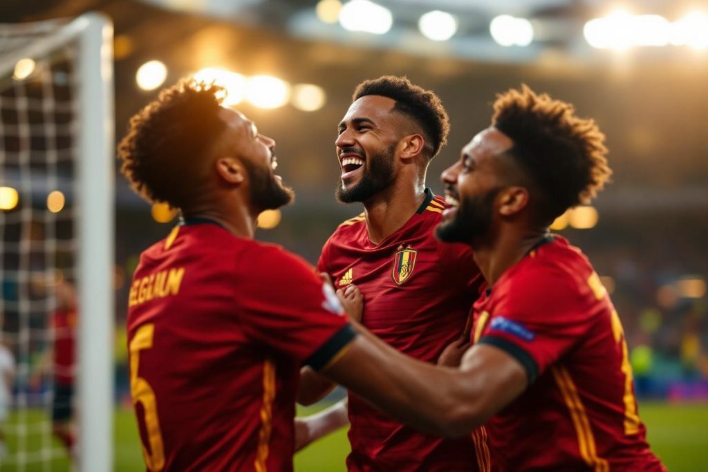 Trois joueurs de football belges célébrant un but