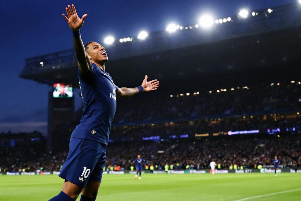 Footballeur en maillot bleu célébrant avec passion au stade