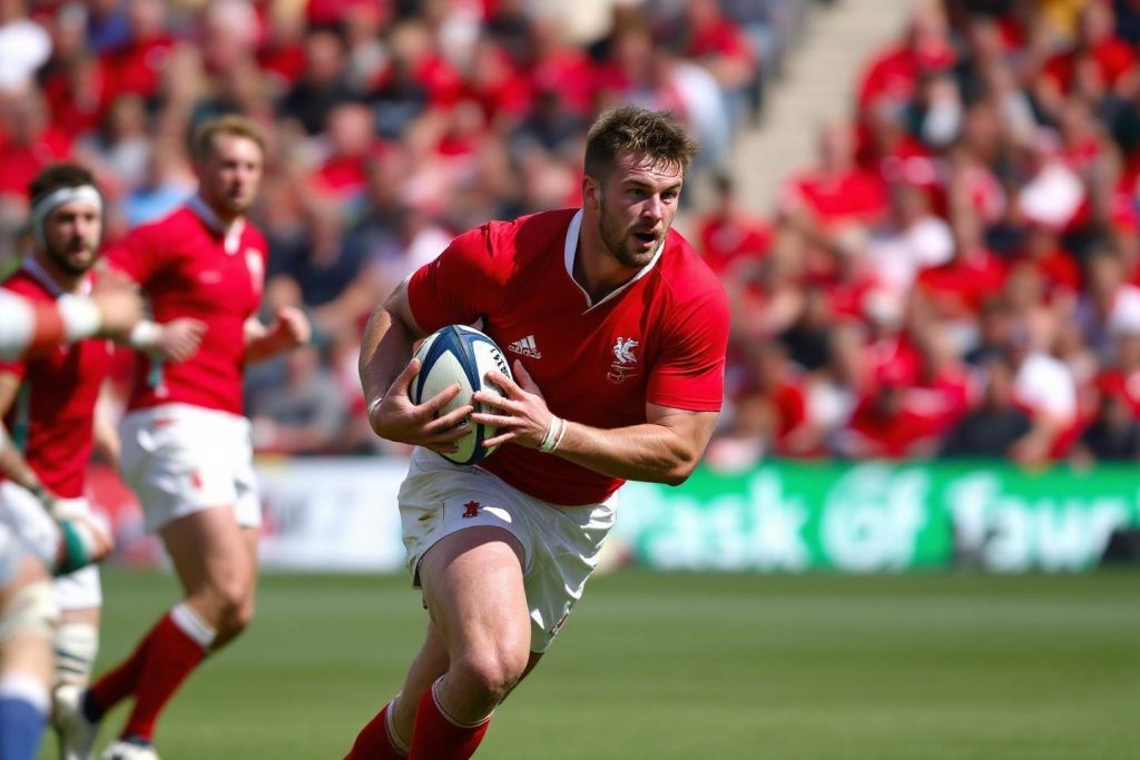 Rugbyman en maillot rouge portant le ballon sur le terrain