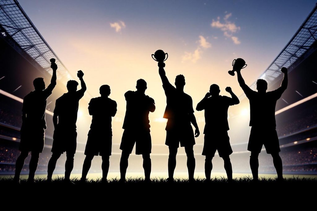 Silhouettes de sportifs triumphants avec trophées dans un stade