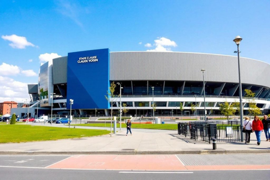 Grand stade moderne bleu et gris avec parking et personnes