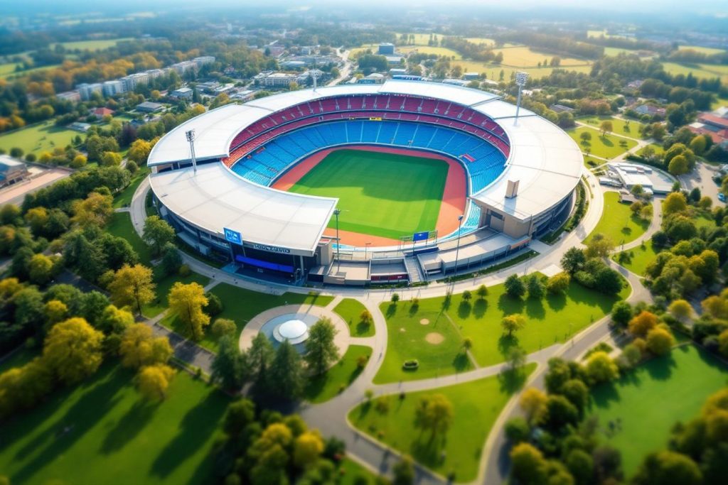Vue aérienne d'un grand stade avec pelouse entouré d'arbres