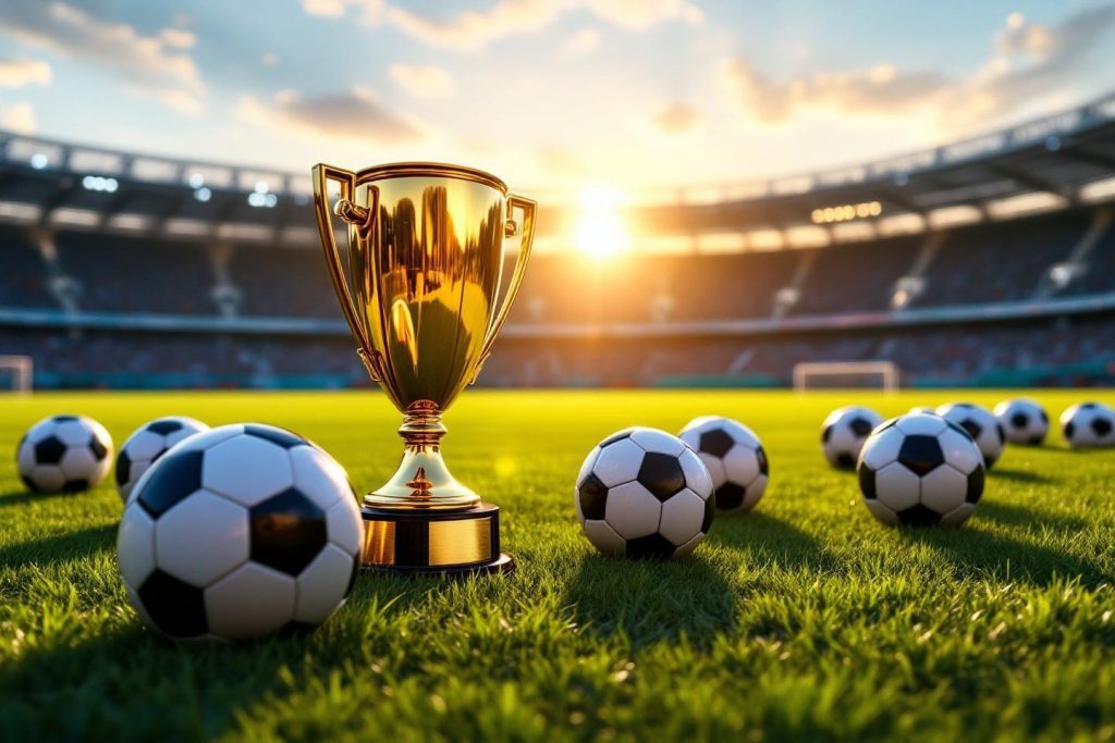 Coupe dorée entourée de ballons de football sur pelouse