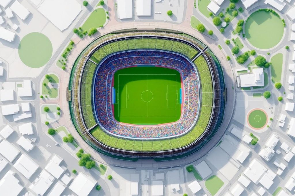 Stade de football avec terrain vert et tribunes colorées