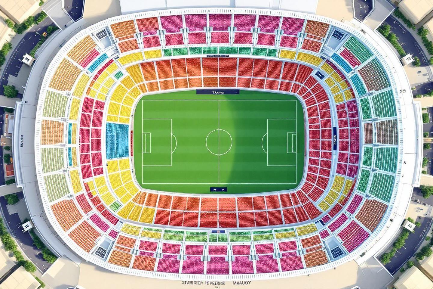 Stade de football multicolore vu du dessus avec terrain vert