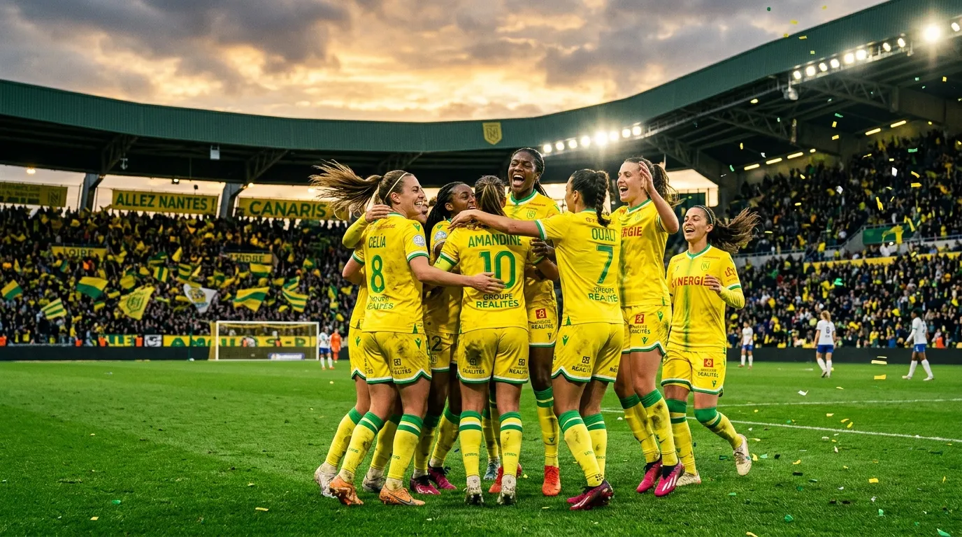 Équipe féminine en jaune célèbre un but en stade