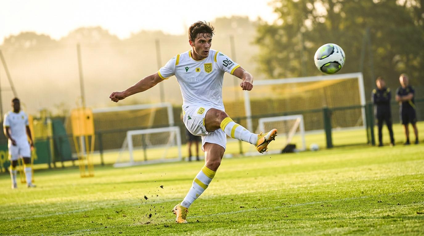 Footballeur en blanc et jaune contrôle le ballon lors d'un match