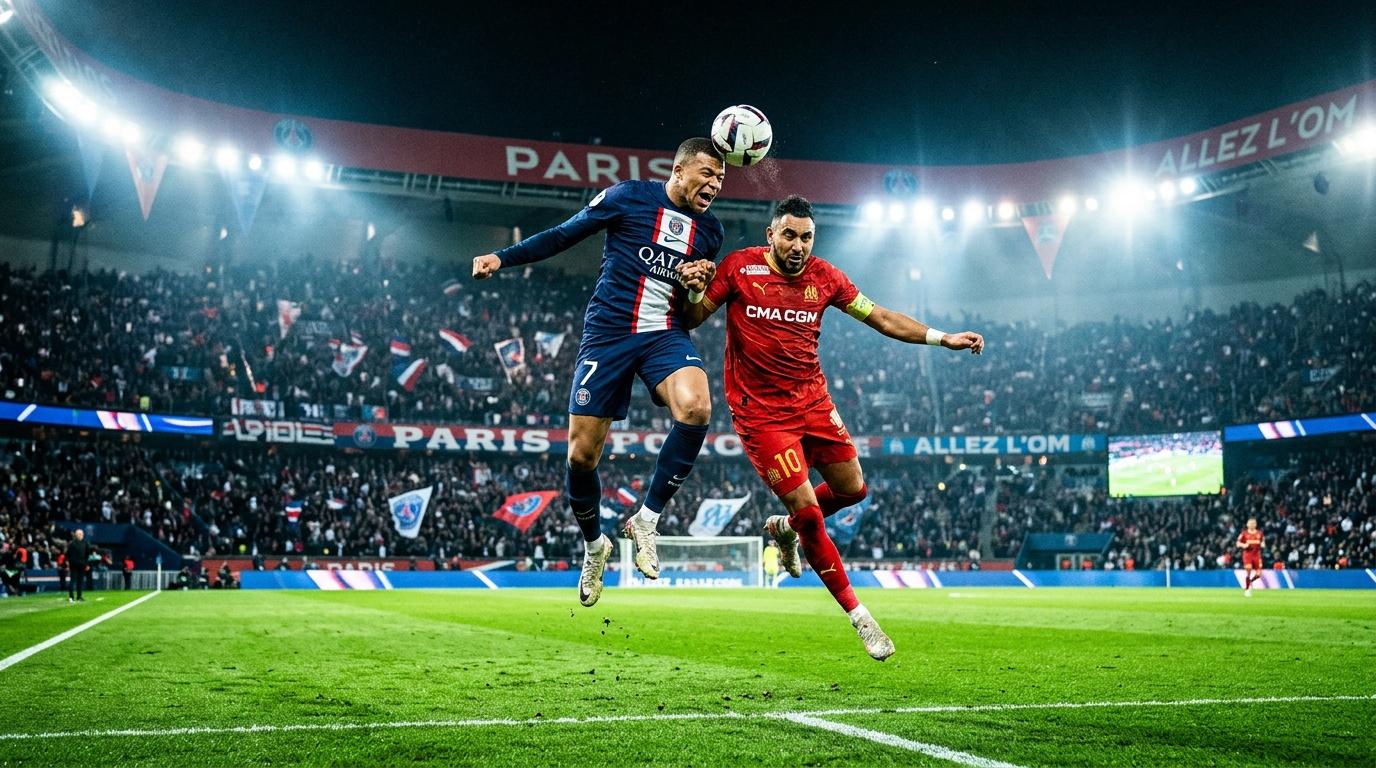 Deux footballeurs sautent pour un ballon en match de Ligue 1