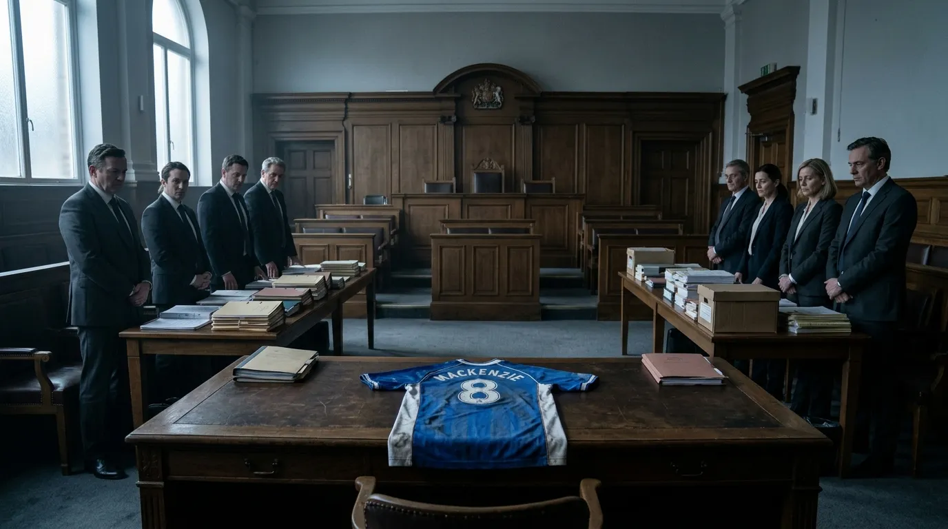 Maillot de football bleu sur table dans tribunal solennel