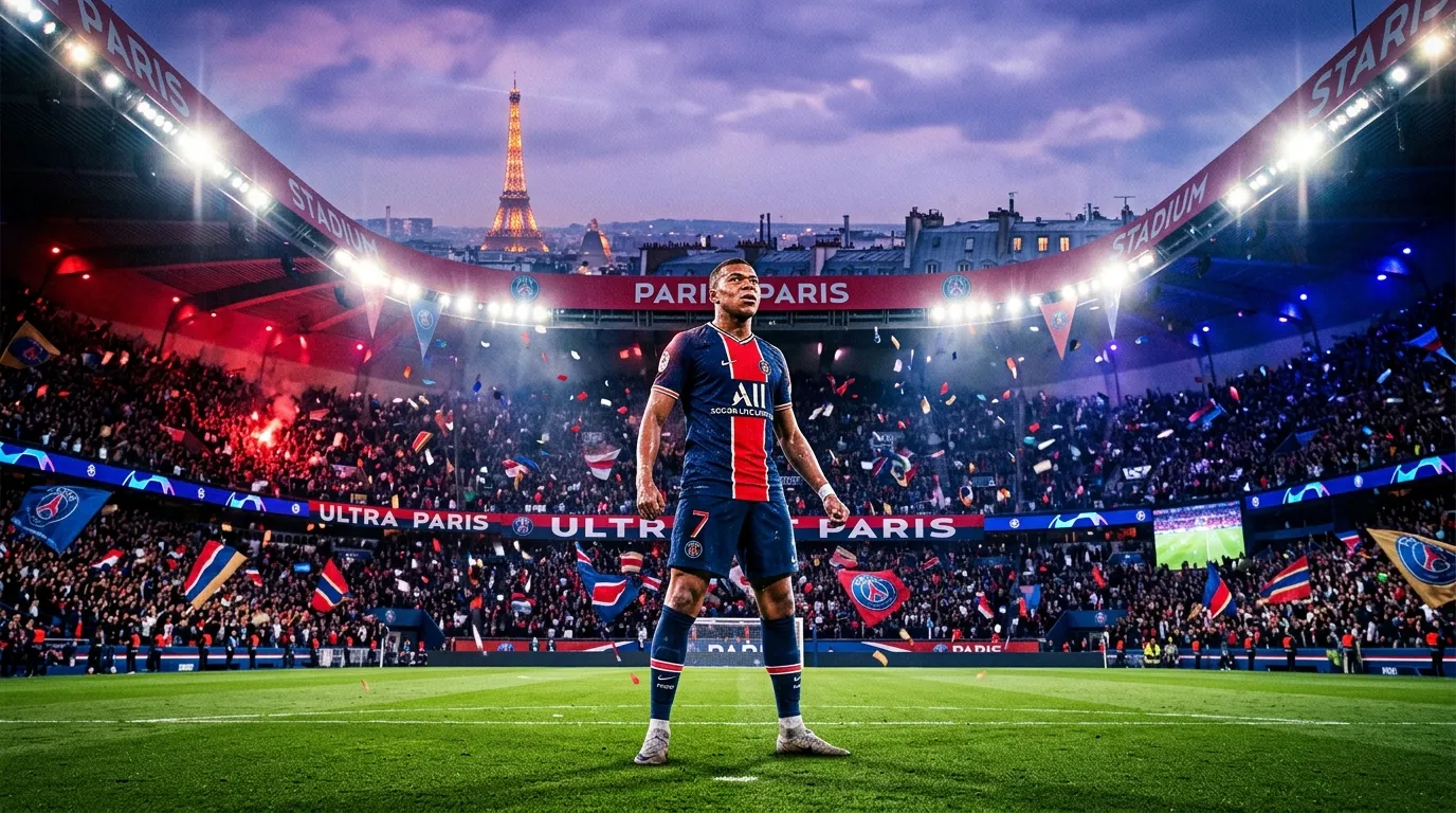 Footballeur PSG posant au Parc des Princes avec la Tour Eiffel
