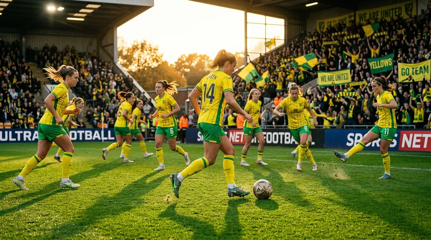 Équipe féminine en jaune et vert jouant au football devant supporters