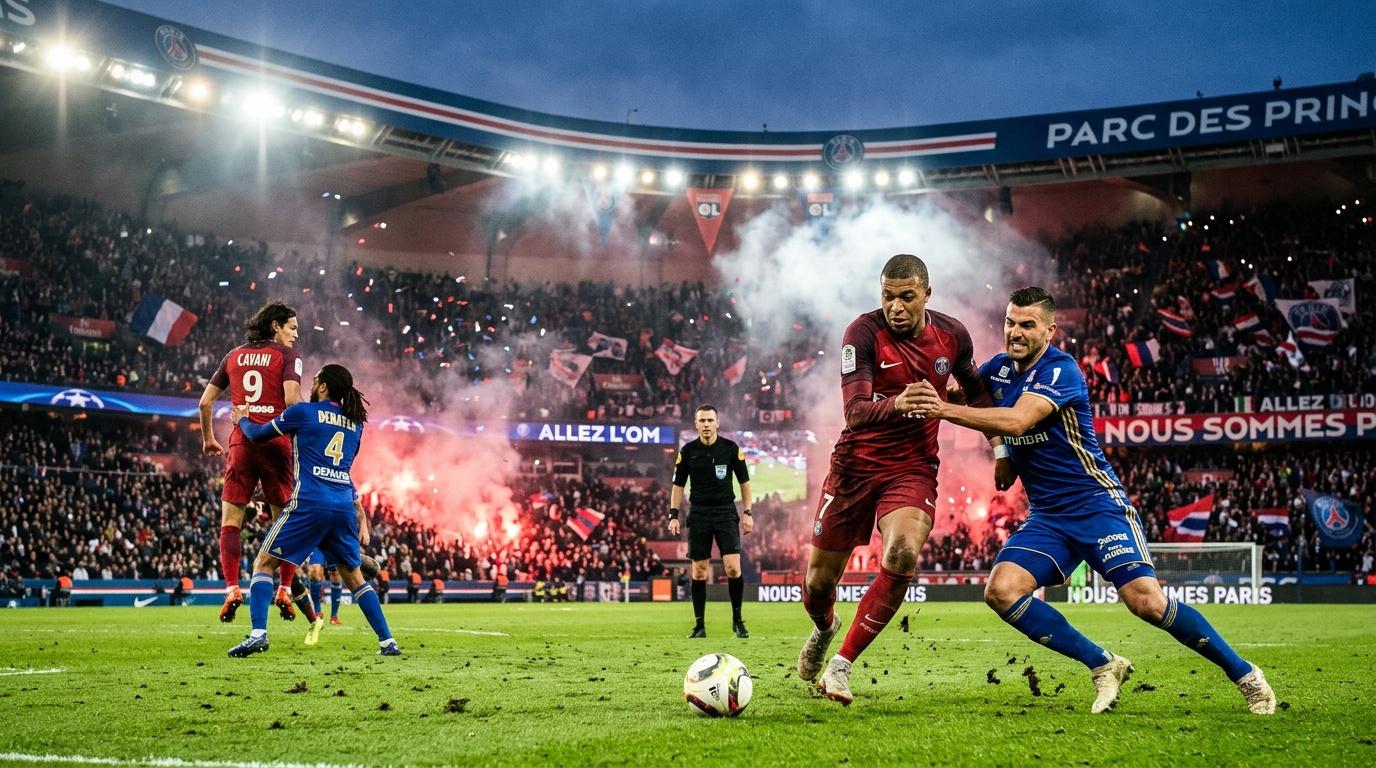 Joueur PSG en rouge dribble face à défenseur bleu