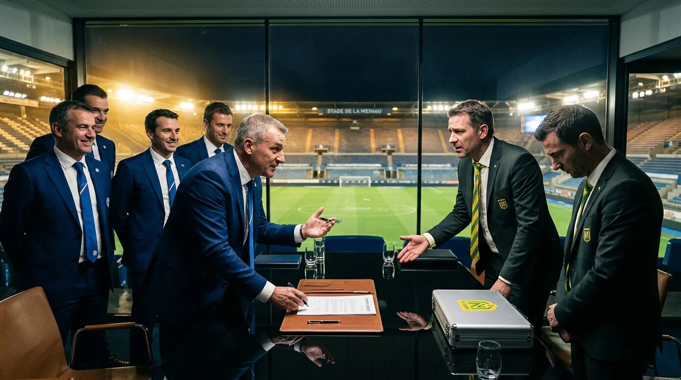 Deux délégations en costumes négocient dans une loge de stade.