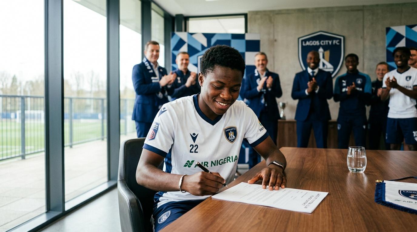 Joueur signe contrat devant club et staff applaudissant