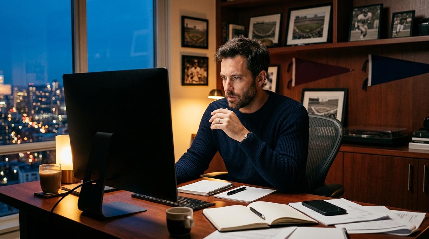 Homme travaillant tard à son bureau avec vue citadine