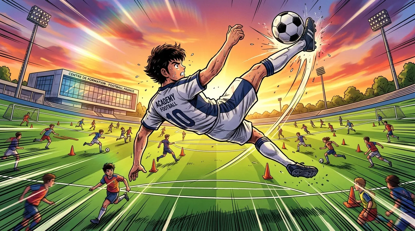 Jeune joueur effectuant une volée spectaculaire au centre de formation