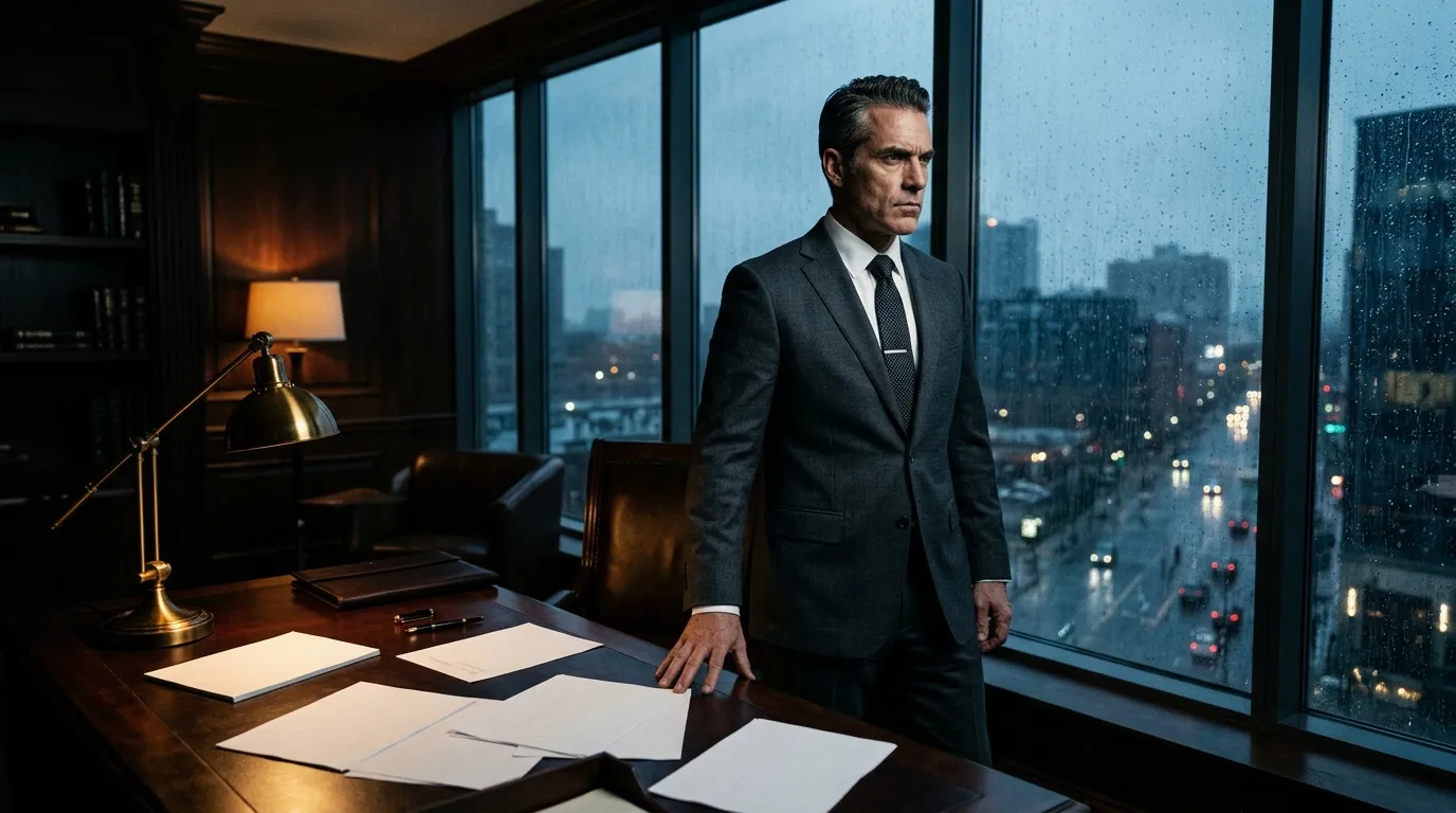 Homme d'affaires en costume regardant la ville depuis un bureau haut étage