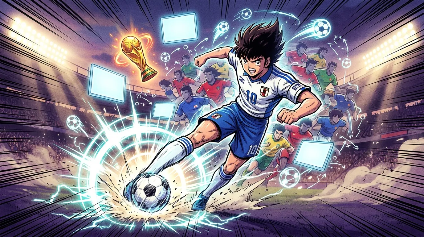 Joueur anime tirant un ballon luminescent en stade