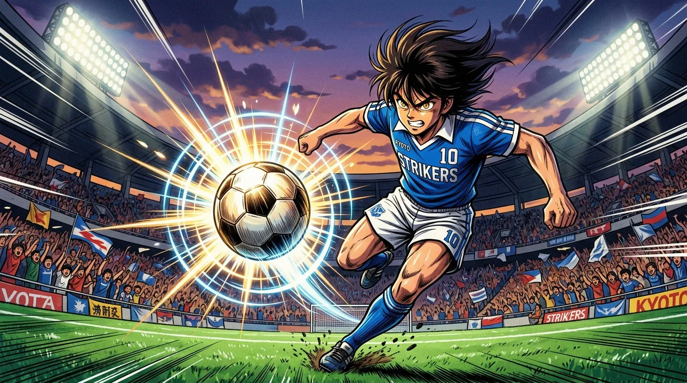 Joueur anime frappant ballon luminescent en stade