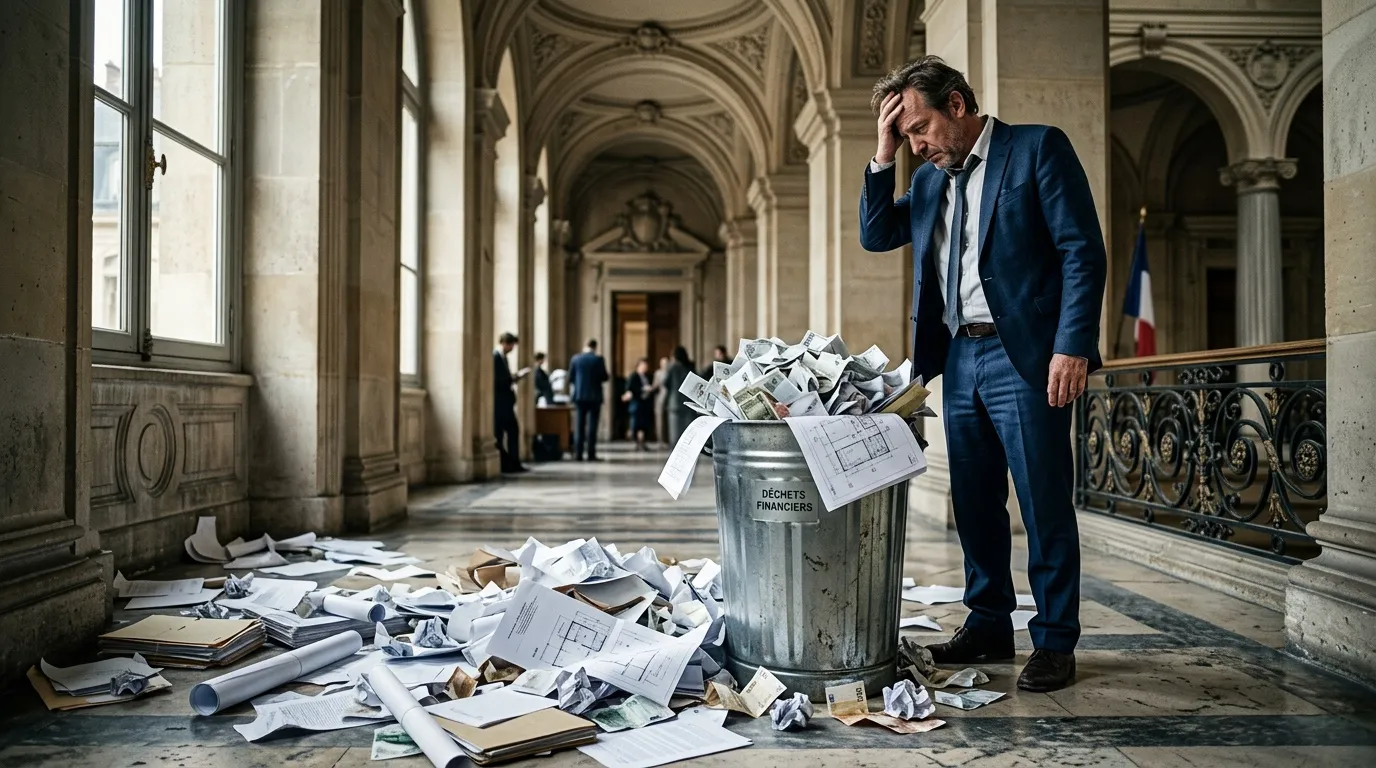Homme d'affaires regardant des documents financiers éparpillés