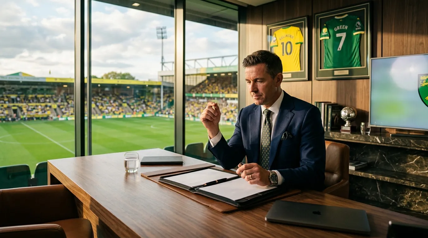 Homme en costume travaillant dans un bureau surplombant un stade de football