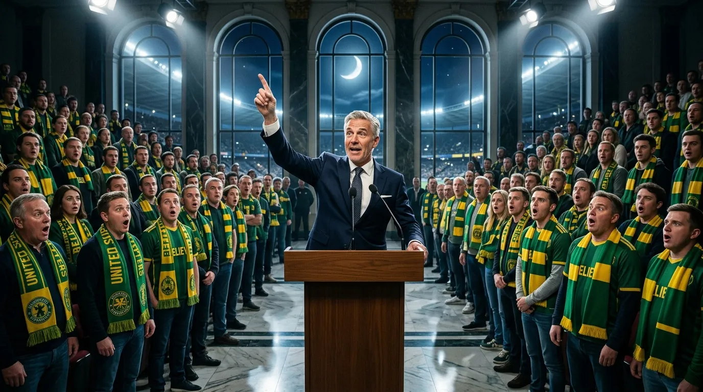 Homme en costume parlant à un podium devant des supporters en vert et or